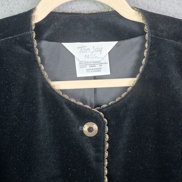 Tan Jay Black Velvet Blazer Gold Trim Metallic Buttons 14 Elegant - Picture 5 of 16